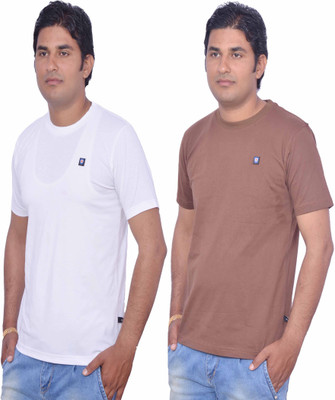 Leaf Solid Men' Round Neck White, Brown T-Shirt(Pack of 2, Brown;white