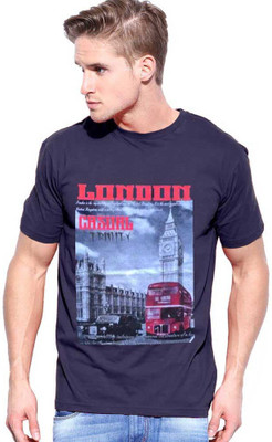 Purple Square Printed Men's Round Neck Dark Blue T-Shirt