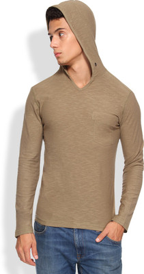 Arise Self Design Men's Hooded Brown T-Shirt, Faded olive