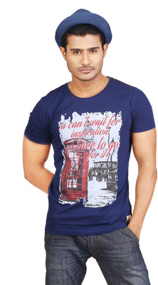 Masculino Latino Printed Men' Round Neck Dark Blue T-Shirt, Navy