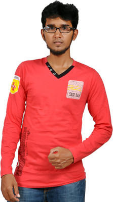 Harsha Printed Men' V-neck Red T-Shirt