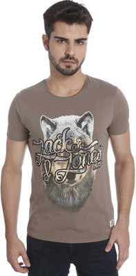 Jack & Jones Printed Men's Round Neck Brown T-Shirt, Walnut