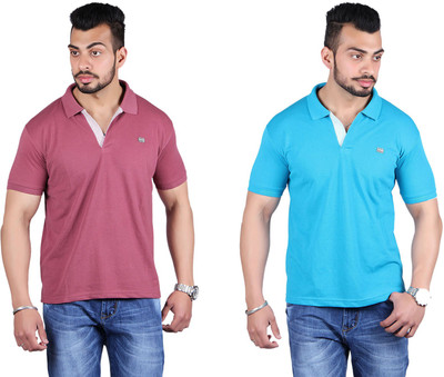 Shineway Solid Men's Polo Neck Purple, Light Green T-Shirt(Pack of 2, Light green;purple
