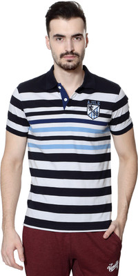 Ajile by Pantaloons Striped Men's Polo Neck Blue T-Shirt, Navy