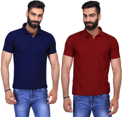 Fuego Solid Men's Polo Neck Dark Blue, Maroon T-Shirt(Pack of 2