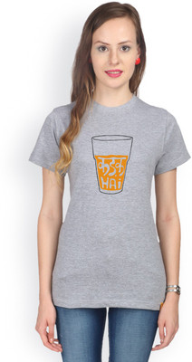 Campus Sutra Printed Women's Round Neck Grey T-Shirt