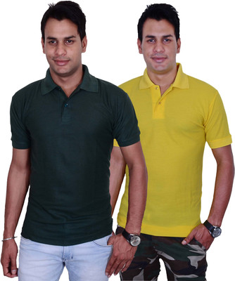 Blaze Solid Men's Polo Neck Green, Yellow T-Shirt(Pack of 2