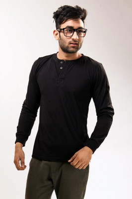 Unisopent Designs Solid Men's Henley Black T-Shirt