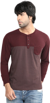 DIFFERENCE OF OPINION Striped Men's Henley Maroon T-Shirt
