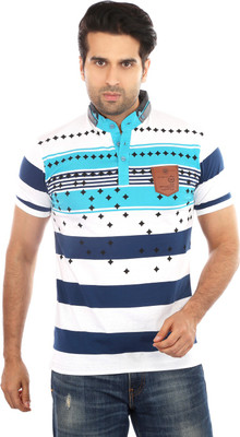 Got It Self Design Men's Mandarin Collar Blue T-Shirt