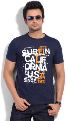 Fila Printed Men's Round Neck Blue T-Shirt, Peacoat marl