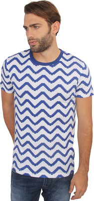 French Connection Striped Men's Round Neck White, Blue T-Shirt, Mazarine blue