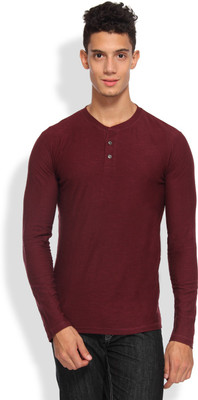 Arise Self Design Men' Henley Maroon T-Shirt, Wine