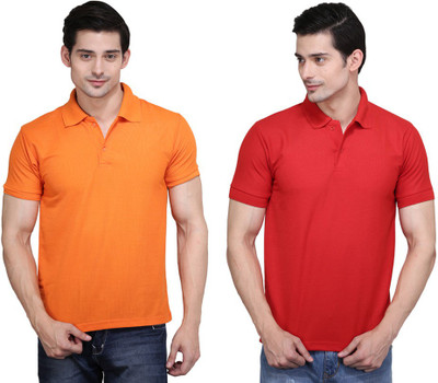 Ilbies Solid Men' Polo Neck Multicolor T-Shirt(Pack of 2, Orange - red