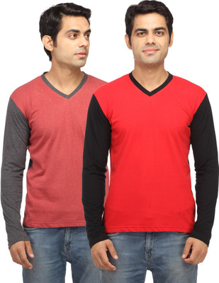 Leana Solid Men's V-neck Red, Red T-Shirt(Pack of 2