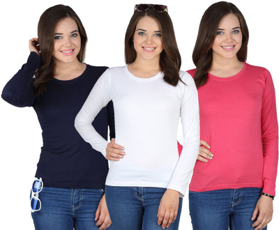 SayItLoud Solid Women' Round Neck Multicolor T-Shirt(Pack of 3, Navy;pink;white