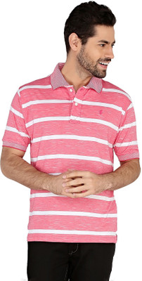 The Cotton Company Striped Men' Polo Neck Pink, White T-Shirt