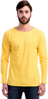Mi Moda Solid Men' Round Neck Yellow T-Shirt