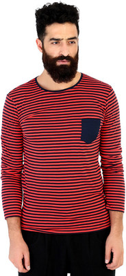Mr Button Striped Men's Round Neck Red T-Shirt