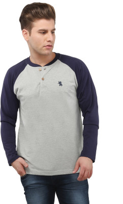 The Cotton Company Solid Men's Henley Grey, Blue T-Shirt, Mist grey and twilight blue