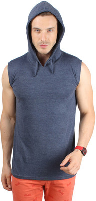 SayItLoud Solid Men's Hooded Blue T-Shirt, Blue melange