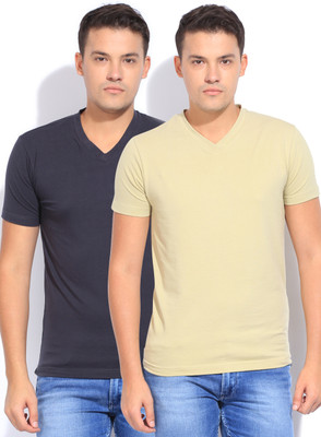 Mufti Solid Men's V-neck Beige, Grey T-Shirt(Pack of 2)