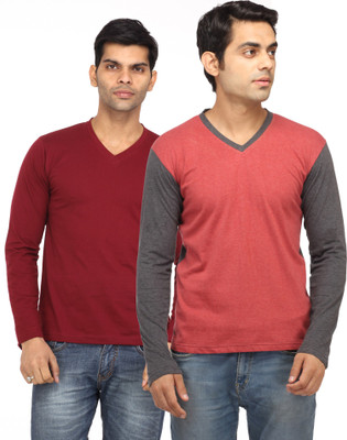 Leana Solid Men's V-neck Maroon, Red T-Shirt(Pack of 2