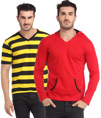 Leana Striped Men' Henley Multicolor T-Shirt(Pack of 2