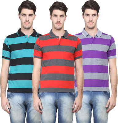 Vimal Striped Men' Polo Neck Multicolor T-Shirt(Pack of 3