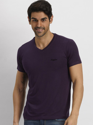 Fritzberg Solid Men' V-neck Purple T-Shirt