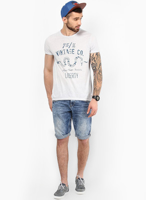 Jack & Jones Graphic Print Men's Round Neck White T-Shirt, Pearl blue