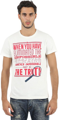 White Kalia Printed Men's Round Neck White T-Shirt