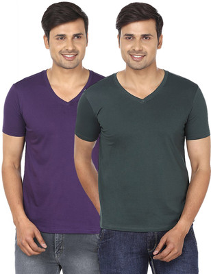 FM Fashionmania Solid Men's V-neck Purple, Green T-Shirt(Pack of 2
