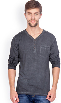Kingaroo Solid Men' Henley Grey T-Shirt, Smoky grey
