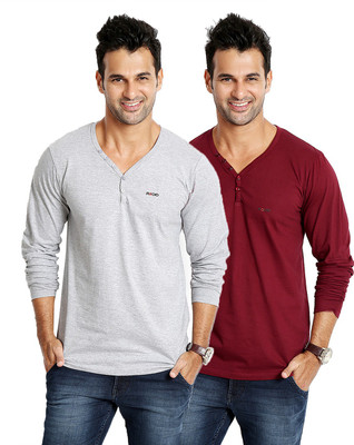 Rodid Solid Men's V-neck Grey, Maroon T-Shirt(Pack of 2), Grey melenge;maroon