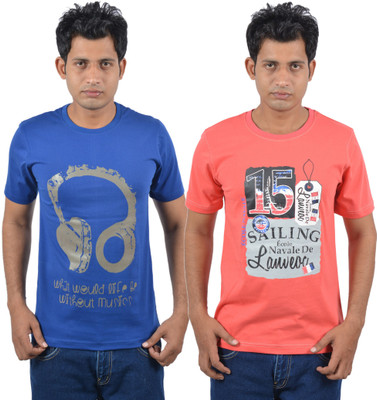 Josh Button Solid Men's Round Neck Blue T-Shirt(Pack of 2, Blue;red