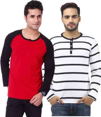 Leana Striped Men's Henley Multicolor T-Shirt(Pack of 2, Multi