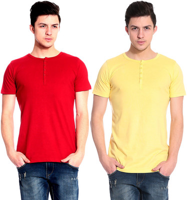 Lemon & Vodka Solid Men's Henley Red, Yellow T-Shirt(Pack of 2