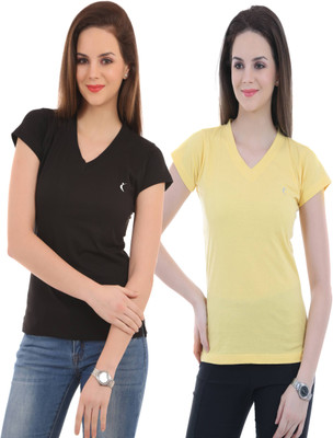 Ultra Fit Solid Women's V-neck Black, Yellow T-Shirt(Pack of 2)