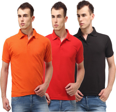 Lime Solid Men's Polo Neck Orange, Red T-Shirt(Pack of 3