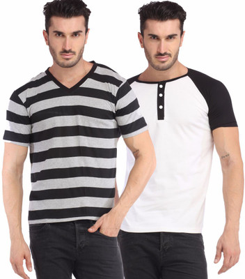 Leana Striped Men's Henley Multicolor T-Shirt(Pack of 2