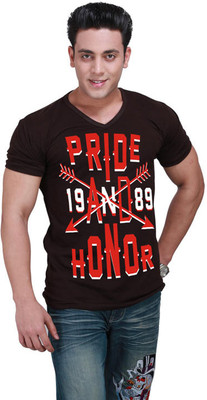 Inkovy Graphic Print Men' V-neck Brown T-Shirt