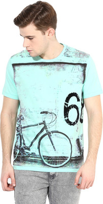 Fritzberg Printed Men' Round Neck Blue T-Shirt, Aqua