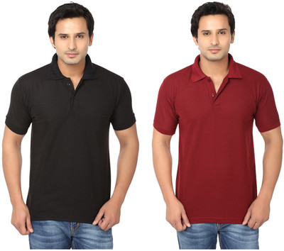 Keepsake Solid Men' Polo Neck Black, Maroon T-Shirt(Pack of 2, -blk-mrn-