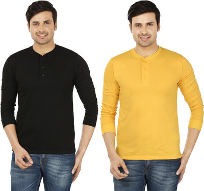 Weardo Solid Men' Henley Black, Yellow T-Shirt(Pack of 2