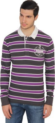 French Connection Striped Men's Polo Neck Grey, Purple T-Shirt