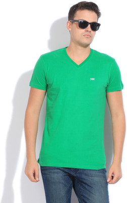 John Players Solid Men' V-neck Green T-Shirt, 1a2
