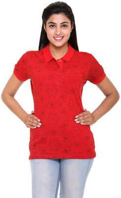 Colors & Blends Printed Women's Polo Neck Red T-Shirt