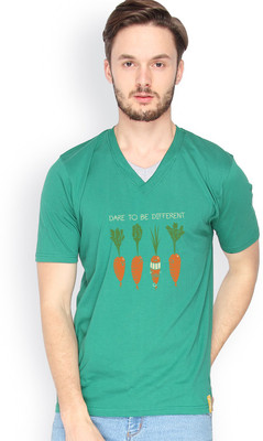 Campus Sutra Solid Men V-neck Dark Green T-Shirt, Bottle green