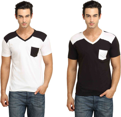 Fio Solid Men's V-neck White, Black T-Shirt(Pack of 2, Black;white